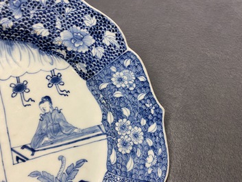 A large oval Chinese blue and white 'Romance of the Western Chamber' dish, Qianlong